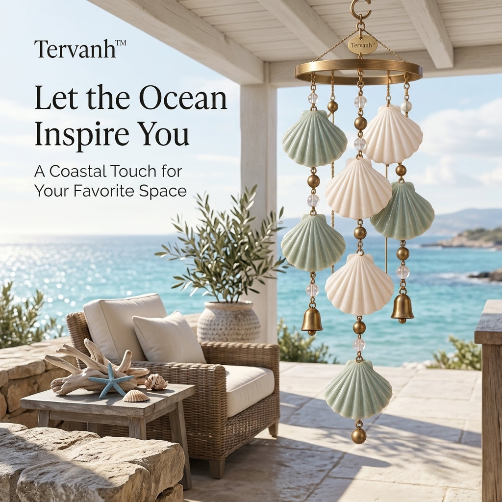Tervanh™ Seafoam Whisper Three-Tier Seashell Wind Chime - close-up