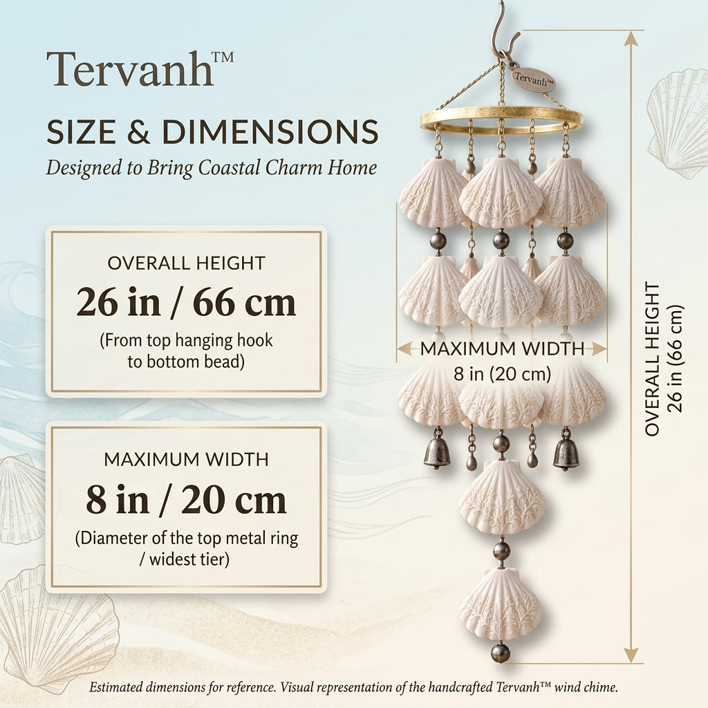 Tervanh™ Sunlit Ivory Cascading Seashell Wind Chime - size guide