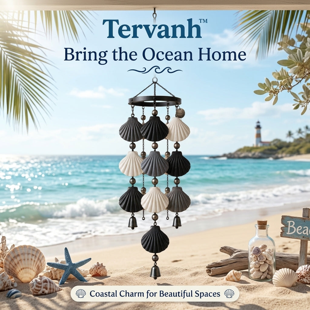 Tervanh™ Moonlit Contrast Black and Ivory Seashell Wind Chime - hero