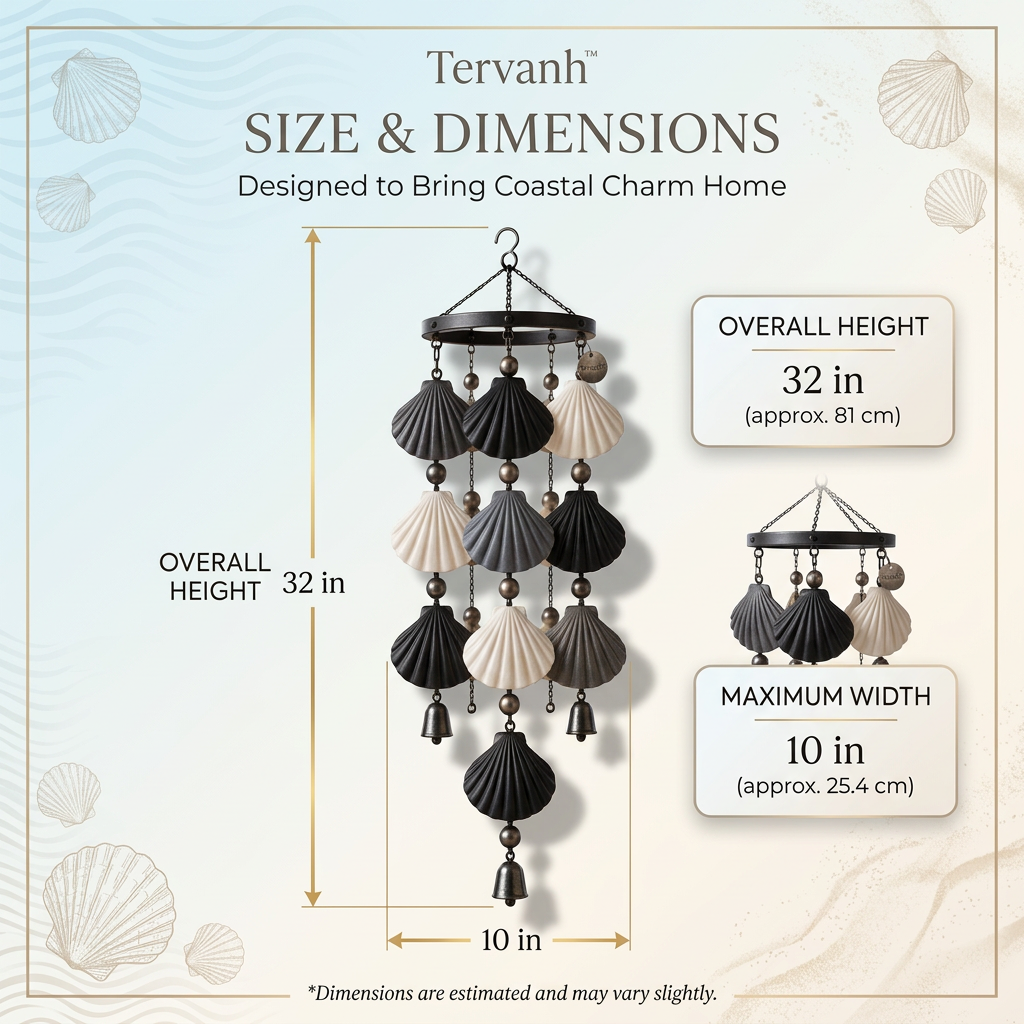 Tervanh™ Moonlit Contrast Black and Ivory Seashell Wind Chime - size guide