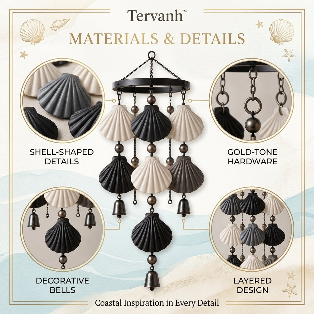 Tervanh™ Moonlit Contrast Black and Ivory Seashell Wind Chime - lifestyle