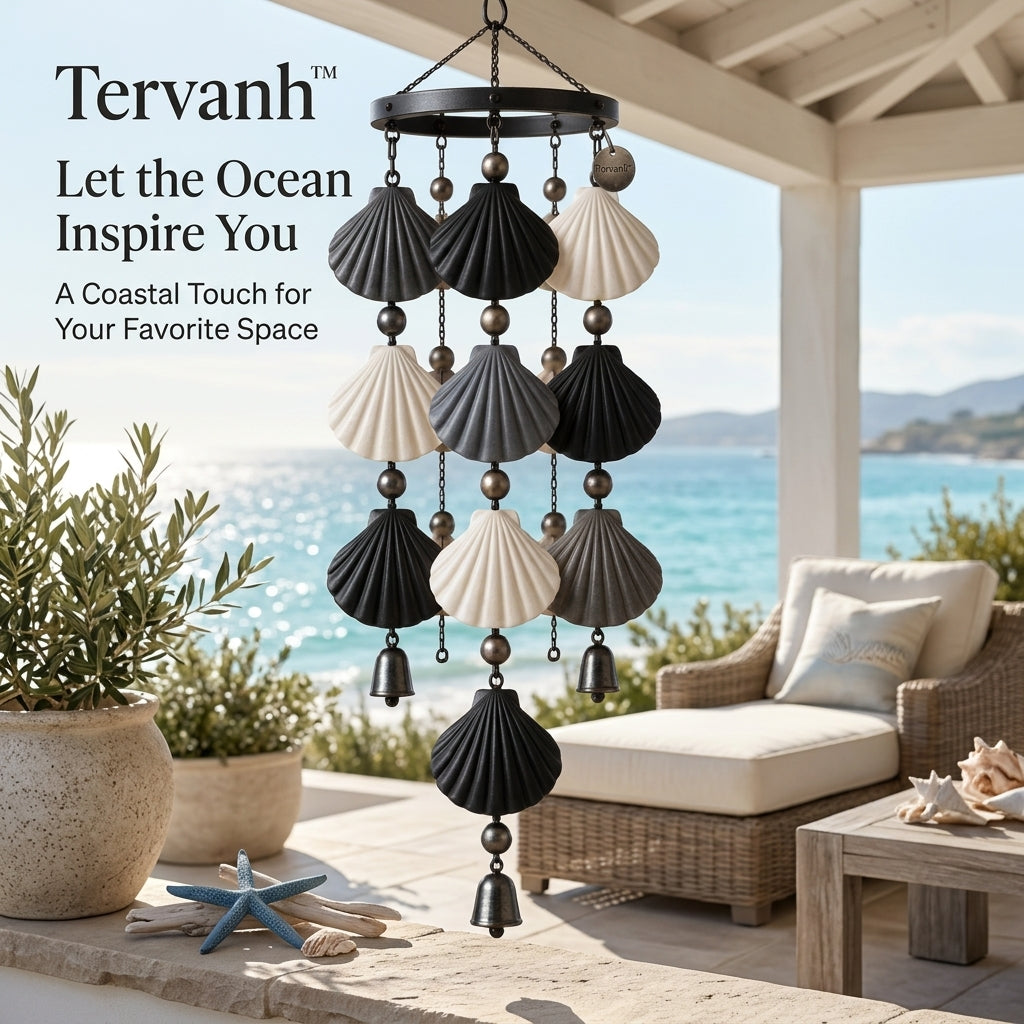 Tervanh™ Moonlit Contrast Black and Ivory Seashell Wind Chime - close-up