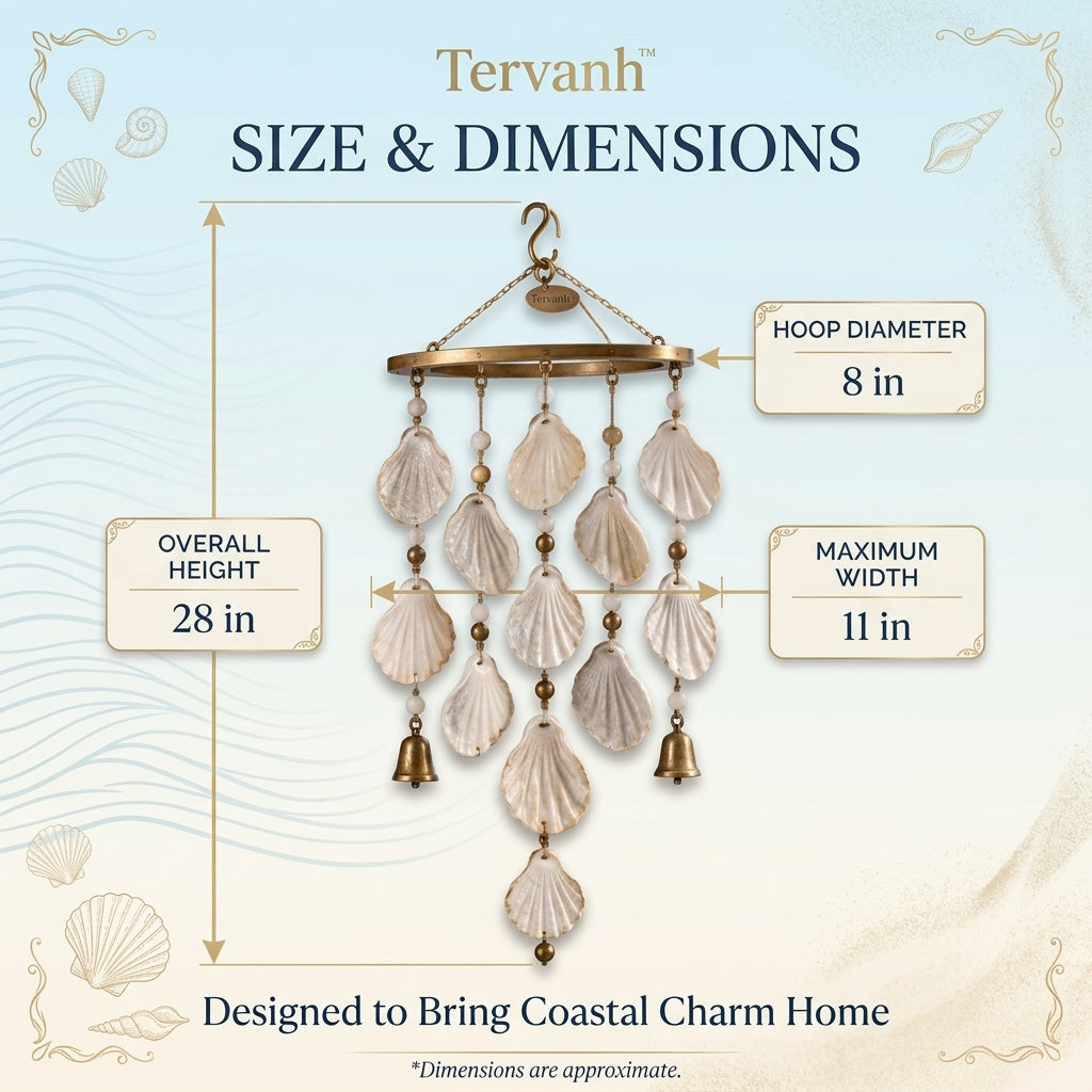 Tervanh™ Shoreline Pearl Wide-Arc Seashell Wind Chime - size guide