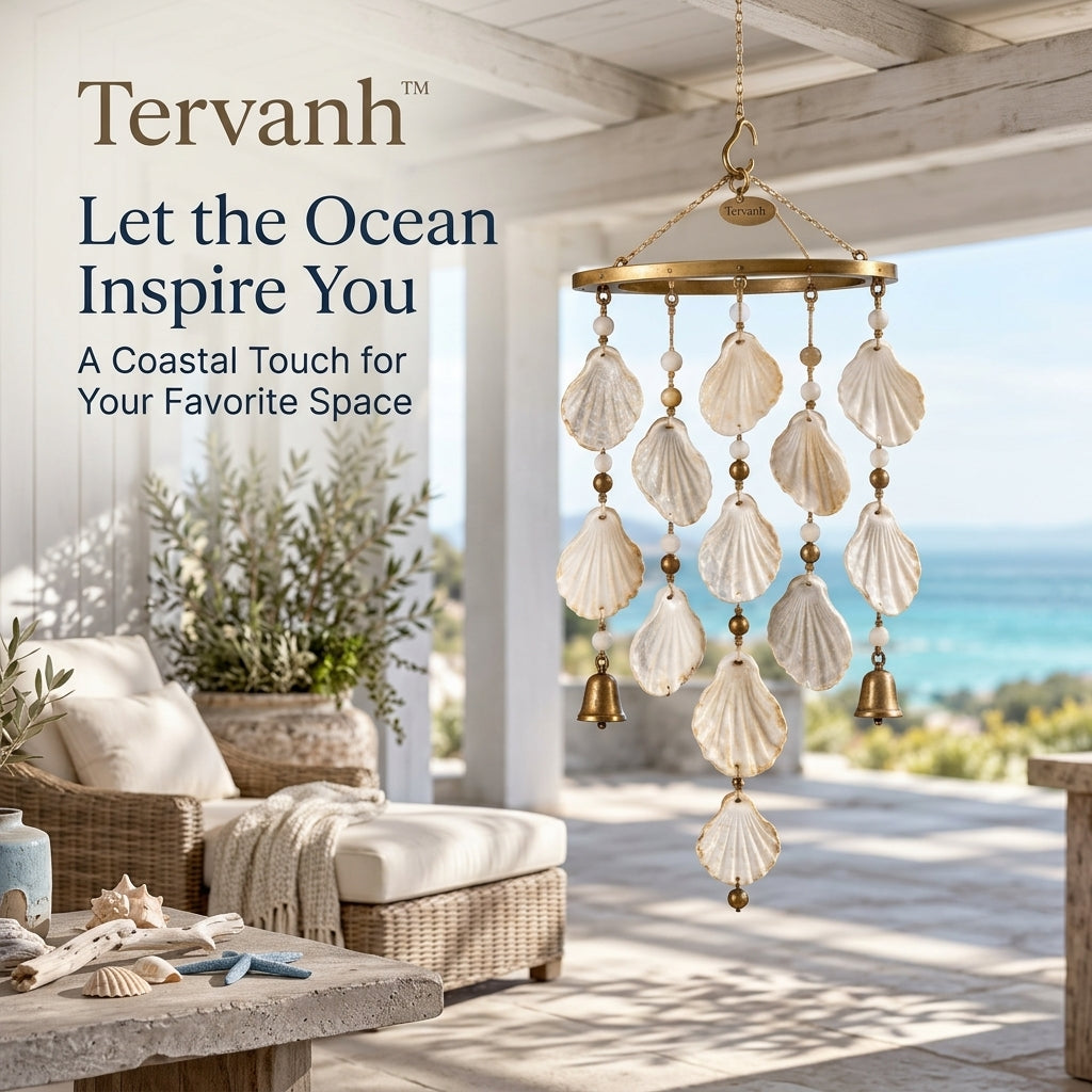 Tervanh™ Shoreline Pearl Wide-Arc Seashell Wind Chime - close-up