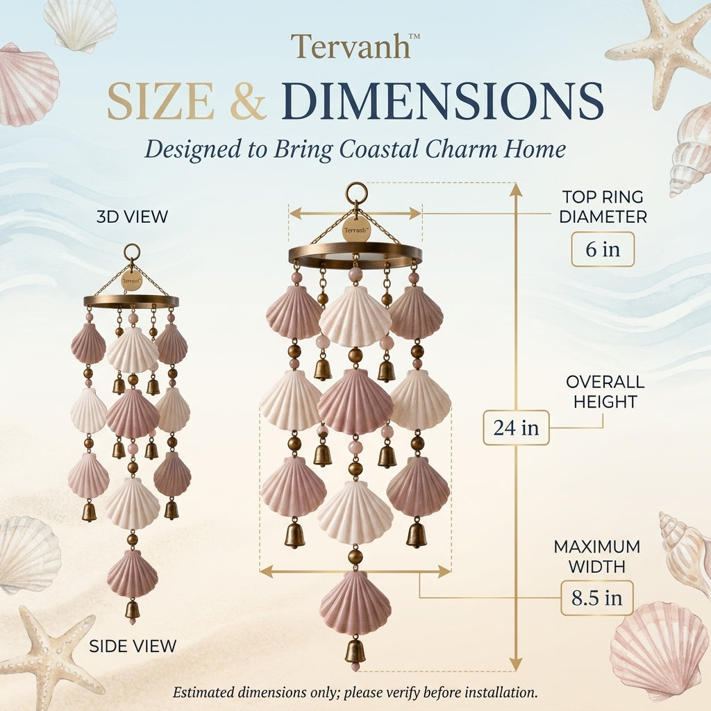 Tervanh™ Blush Tide Pastel Seashell Wind Chime - size guide