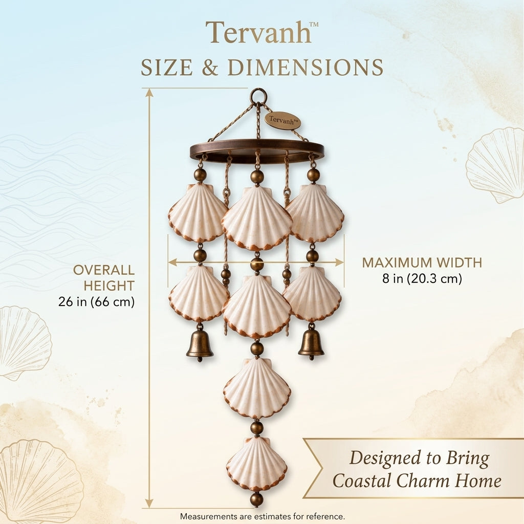 Tervanh™ Coral Dawn Tiered Seashell Wind Chime - size guide