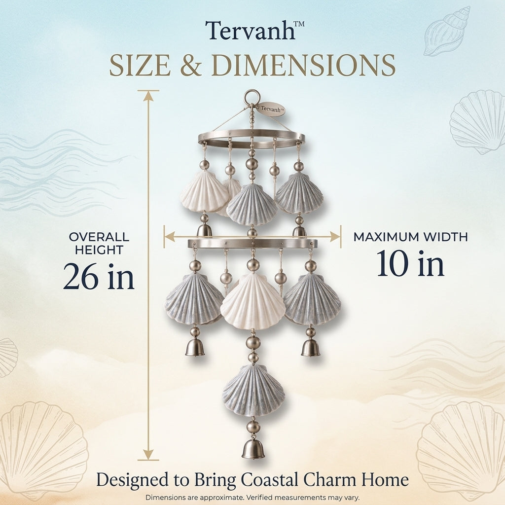 Tervanh™ Misty Harbor Slate and Ivory Seashell Wind Chime - size guide