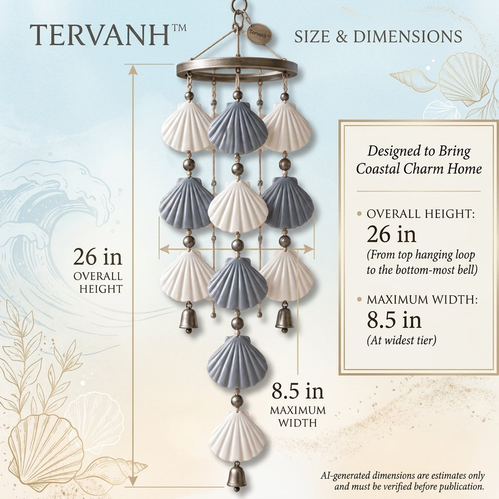 Tervanh™ Harbor Breeze Gray Ombre Seashell Wind Chime - size guide