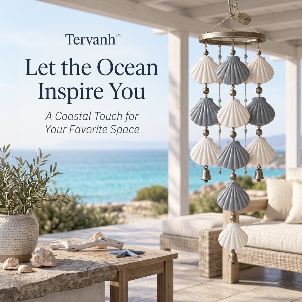 Tervanh™ Harbor Breeze Gray Ombre Seashell Wind Chime - close-up