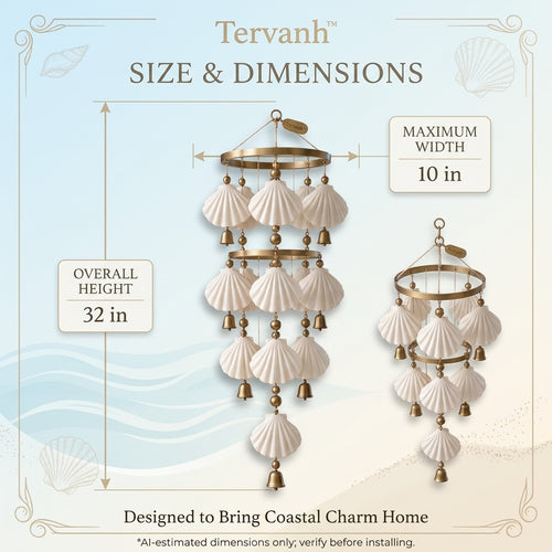 Tervanh™ Coastal Light Ivory Column Seashell Wind Chime - size guide