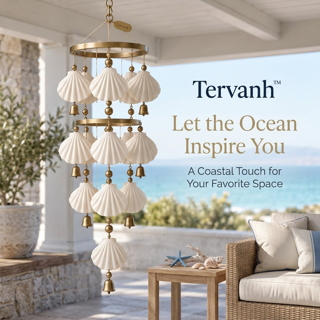 Tervanh™ Coastal Light Ivory Column Seashell Wind Chime - close-up