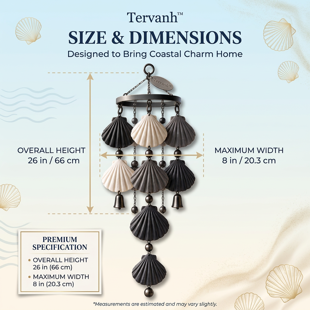 Tervanh™ Midnight Shore Scallop Seashell Wind Chime - size guide