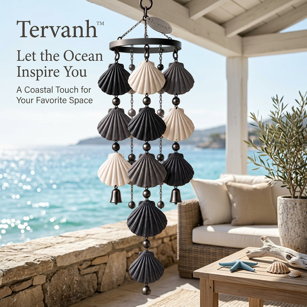 Tervanh™ Midnight Shore Scallop Seashell Wind Chime - close-up