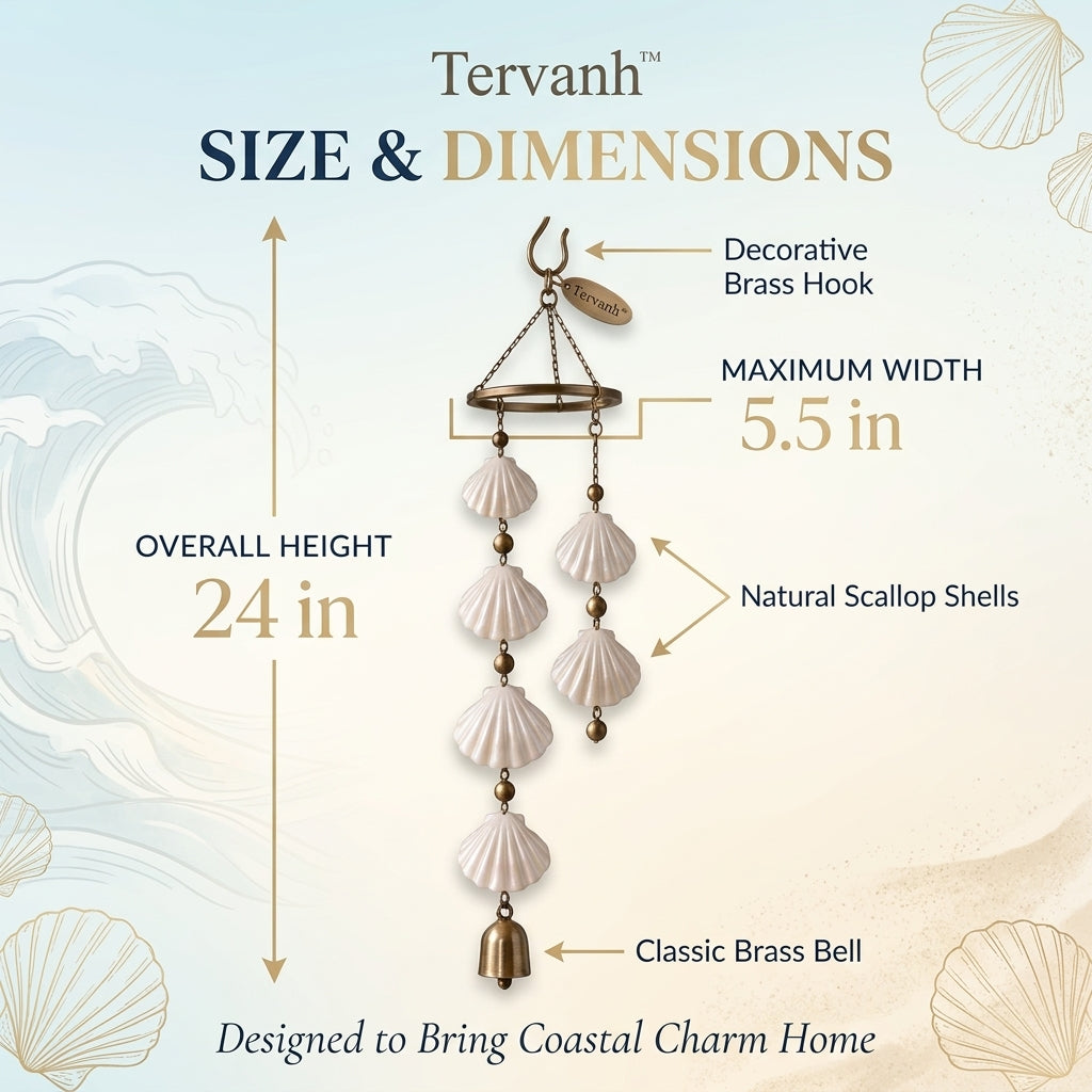 Tervanh™ Seaside Solace Single-Strand Seashell Wind Chime - size guide