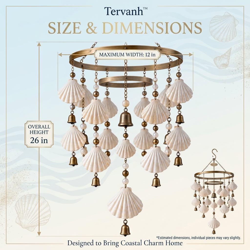 Tervanh™ Golden Current Circular Canopy Seashell Wind Chime - size guide