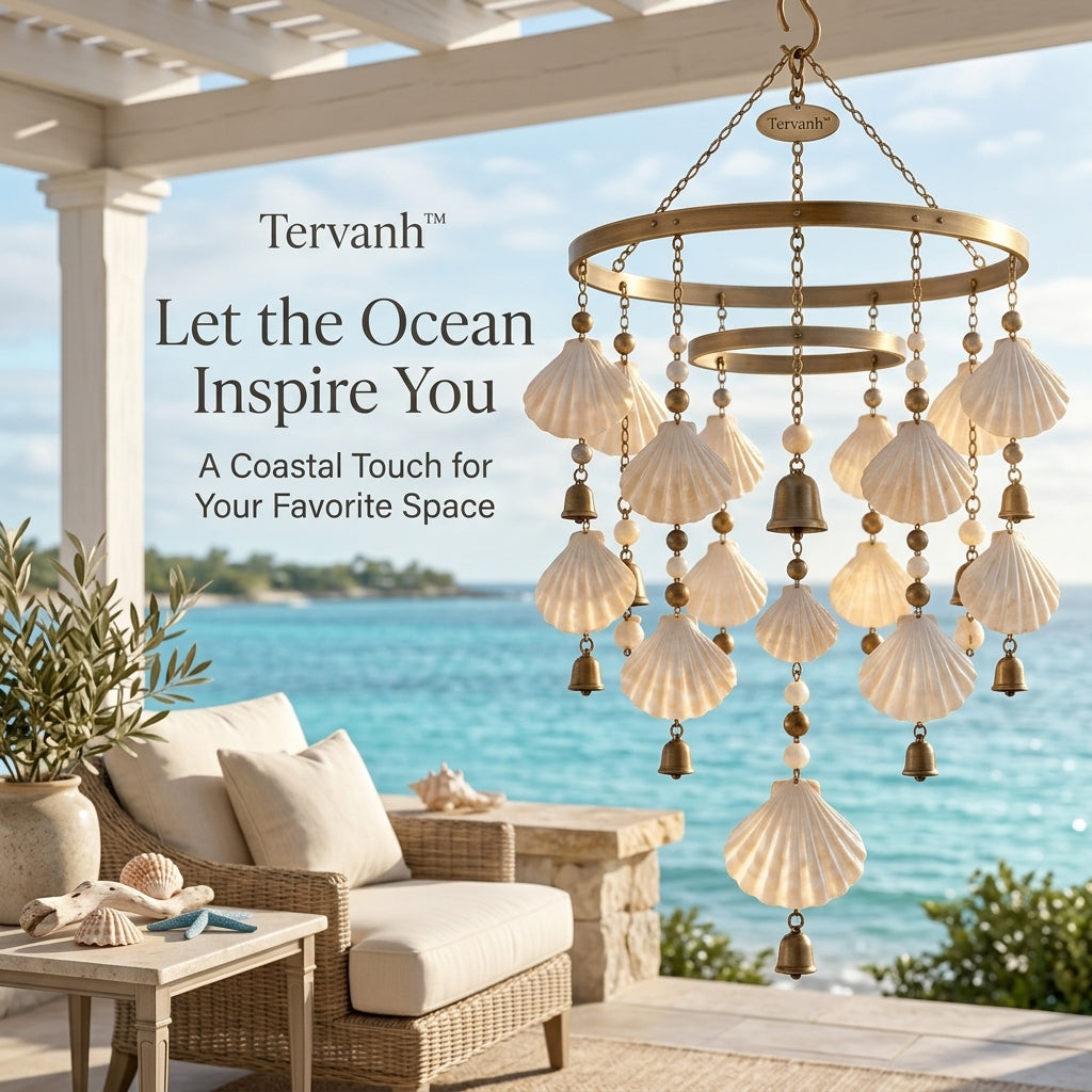 Tervanh™ Golden Current Circular Canopy Seashell Wind Chime - close-up