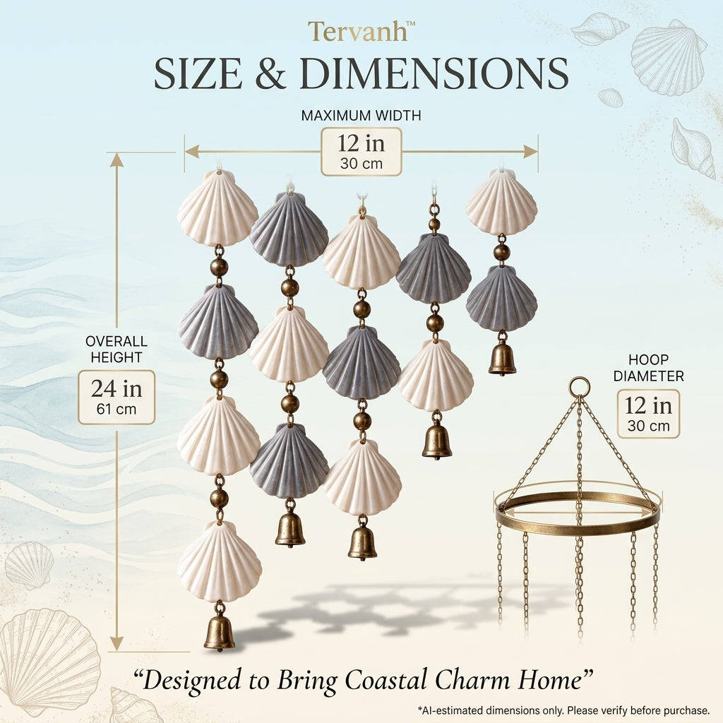 Tervanh™ Seaglass Shadow Wide-Canopy Seashell Wind Chime - size guide