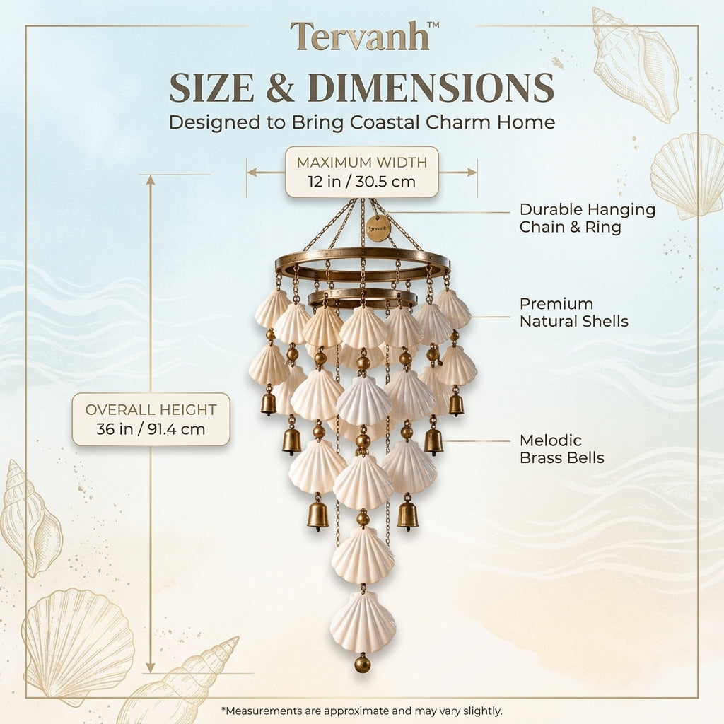 Tervanh™ Ocean Pavilion Layered-Ring Seashell Wind Chime - size guide
